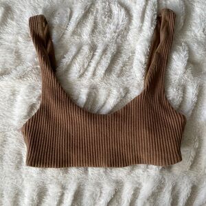 Brown Ribbed Knit Crop Top
